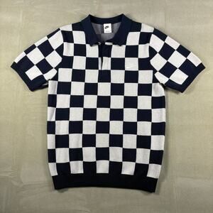Nike Checkered Knit Polo Shirt Small Navy White Checkerboard Short Sleeve